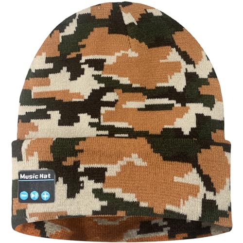 ATNKE LED Lighted Bluetooth Beanie Hat,USB Rechargeable 4 LED Wireless Music Running Headlamp Cap Gift for Men and Women - color: #Camouflage Yellow