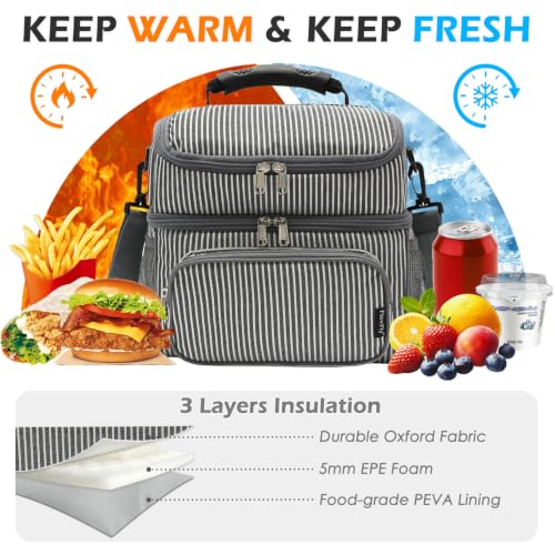 FlowFly Double Layer Cooler Insulated Lunch Bag Adult Lunch Box Large Tote Bag for Men, Women, With Adjustable Strap,Front Pocket and Dual Large Mesh Side Pockets - color: White&Black Stripes