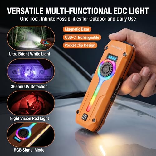 HAUSBELL Flat EDC Flashlight 1800LM Turbo, 0.6" Ultra-Slim Pocket Light with Stepless Dimming Dial, Magnetic Base, 365nm UV & Red Laser, Side-COB Flood, USB-C Fast Charge, IP44 Weatherproof - color: Orange