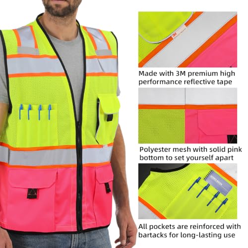 Dib Safety Reflective Safety Vest Made with 3M Tape, Yellow and Pink XL - color: Yellow & Pink, size: X-Large