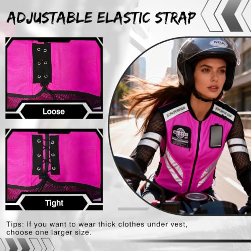 Pink Reflective Motorcycle Cycling Vest, Breathable Safety High Visibility Riding Vest For Women Adjustable Waist - size: XX-Large