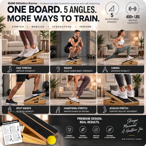 BAM Athletica Slant Boards for Exercise – Adjustable Wooden Calf Stretcher Incline Board for Calf Stretching, Squats, Physical Therapy, Plantar Fasciitis, Knee, Foot & Ankle Rehab, Velour Slant Board - color: Premium Slant Board | Large Full Coverage