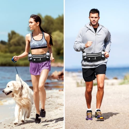 Hydration Running Belt with Water Bottles(2 x 300ML), Luckit Nylon Webbing Running Waist Bag Reflective Bum Bag Adjustable Sports Waist Pouch for Marathon Running Hiking Camping Jogging (Black) - color: Black