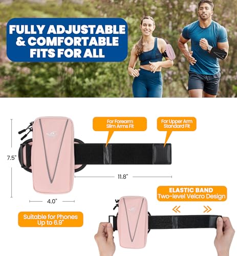 HiRui Cell Phone Holder Arm Bag & Wrist Bag for Phone, Sports Running Armband for Gym & Cycling, Compatible with iPhone 17/17Pro/Plus/16/15 Samsung Galaxy All Phones, Reflective & Adjustable (Pink) - color: Pink