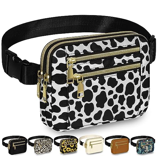 Capolo Fanny Packs for Women 4 Zip Pocket Crossbody Belt Bag Waist Bags - color: Cow Print, size: Medium