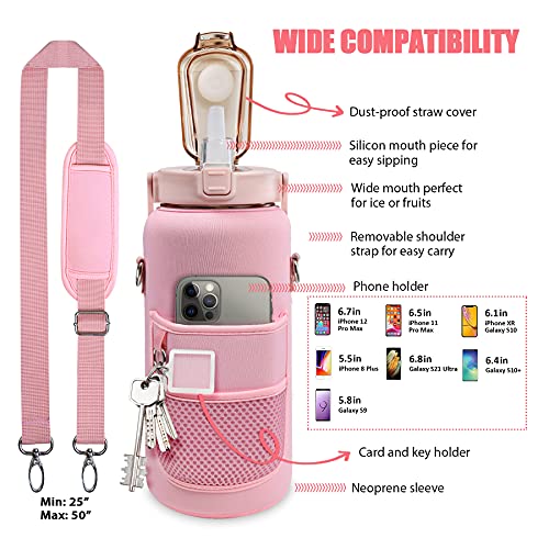 Half Gallon Water Bottle with Sleeve, 64OZ Motivational Water Bottle - color: Pink