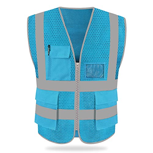 HYCOPROT High Visibility Mesh Safety Reflective Vest with Pockets and Zipper, Meets ANSI/ISEA Standards - color: Skyblue, size: 3X-Large