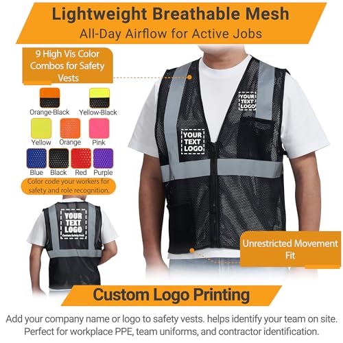 AYKRM 2 Pocket Mesh High Visibility Reflective Safety Vest for men & Women ANSI/ISEA 107 Standards - color: Black, size: 6X-Large