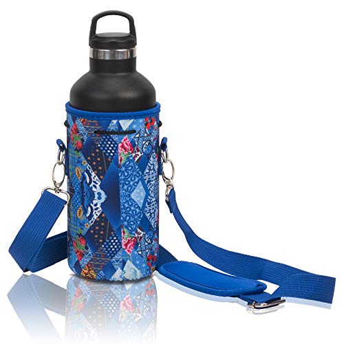 Made Easy Kit Neoprene Water Bottle Carrier Holder with Adjustable Shoulder Strap for Insulating & Carrying Water Container Canteen Flask Available in 5 Sizes (Blue Abstract, L (32oz / 1.5L)) - color: Blue Abstract, size: Large 32oz