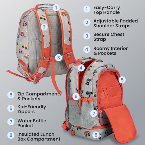 Bentgo Kids 2-in-1 Backpack & Insulated Lunch Bag with Padded Straps - color: Trucks, size: Kids Large