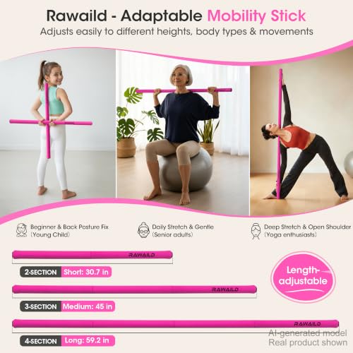 Yoga Stick, Upgraded 5ft Steel Mobility Exercise Bar for Back Stretching - color: 3-Pink