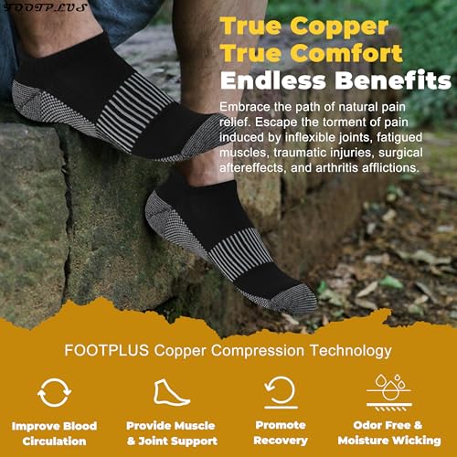FOOTPLUS Copper Compression Socks,Unisex Cushioned Sole Arch Support Athletic Ankle/Crew Running Hiking Socks - color: 01# 3 Pairs- Black Ankle, size: XX-Large