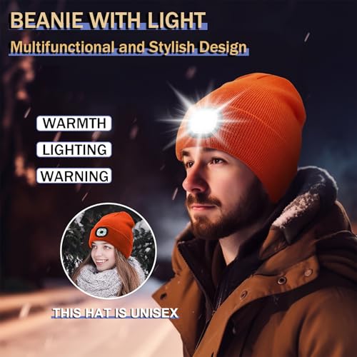 Beanie with Light, Unisex Hat with Light, 3 Modes Rechargeable Headlamp Beanie, Removable LED Flashlight Hat for Running, Camping, Hunting, Cycling, Night Activities, Gifts for Men & Women (Orange)