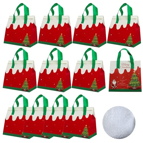 12Pcs Christmas Disposable Insulated Lunch Bags Thermal Cooler Bag Delivery - color: Red Green and White, size: 9.45"(H) x 9.45"(L) x 5.91"(W)