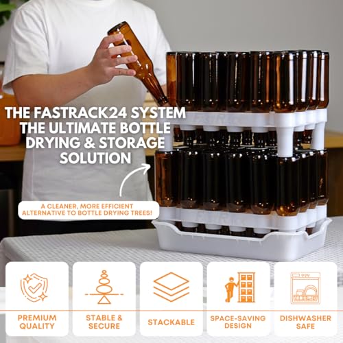 FASTFERMENT - 24-Bottle Drying Rack & Tray| Bottle Drying Tree Alternative | Dry & Store Your Wine or Bomber/Belgian Bottles | 2-Stackable Racks, 1 Tray | Dishwasher Safe | Home Brewing Supplies