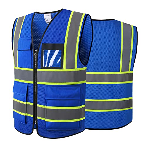 Safety Vest for Men Women Reflective Construction Vest Hi Vis ANSI Standard - color: Blue-h, size: Large