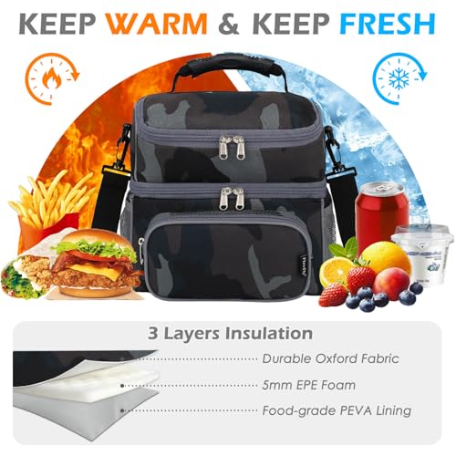 FlowFly Double Layer Cooler Insulated Lunch Bag Adult Lunch Box Large Tote Bag for Men, Women, With Adjustable Strap,Front Pocket and Dual Large Mesh Side Pockets - color: Black#Camo