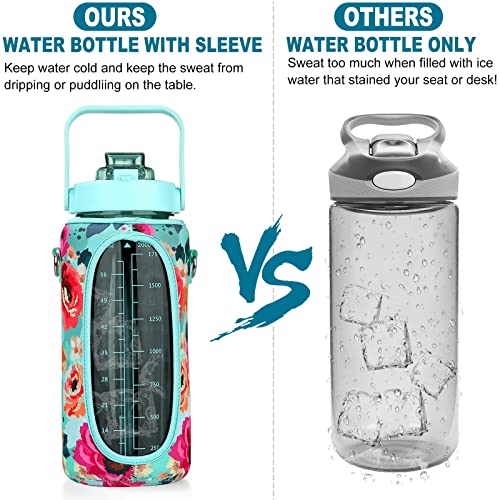 Half Gallon Water Bottle with Sleeve, 64OZ Motivational Water Bottle - color: Green Rose