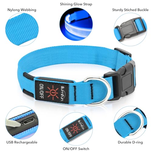 Illumifun LED Dog Collar, USB Rechargeable Light Up Collar, Waterproof Adjustable Safety Light Glow in The Dark (Blue, Large) - color: Blue, size: Large