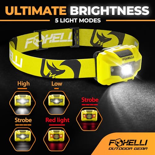 Foxelli USB‑C Rechargeable LED Headlamp – Ultra‑Light 2.4 oz & Bright 180 Lumens – Red/White Light, 5 Modes, IPX5 Waterproof, 40 h Runtime for Trail Running, Camping, Hiking - color: Neon Yellow