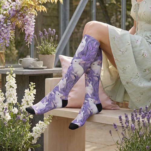 Cute Compression Socks Knee High Support Stockings Women Men - color: Rabbit Purple1