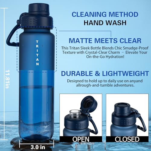 OLDLEY 32oz Water Bottle with Handle, BPA-Free Tritan Reusable Sports Water Bottle with Leak-Proof Dust Lid, Wide Mouth, Cup Holder Friendly, Half Frosted Clear Bottle for Gym, Travel, Work,Navy Blue - color: Navy Blue