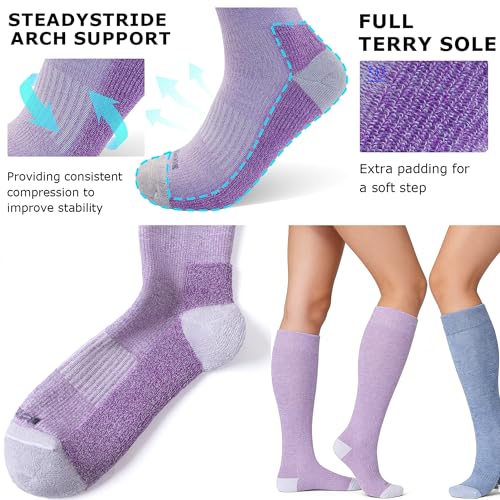 LEVSOX Thicker Bamboo Viscose Compression Socks 20-30 mmHg Cushioned - color: Purple&grey, size: Medium