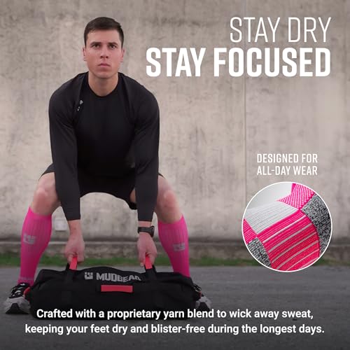 MudGear Graduated Compression Socks, Durable, Sweat-Resistant OCR Performance Socks with Cushioned Footbed, Made in USA - color: Pink/Gray, size: Medium