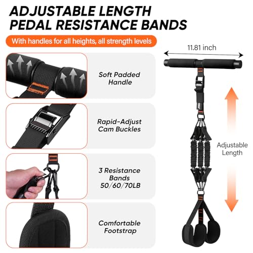 Adjustable Length Pedal Resistance Band with Handle for Working Out, Replaceable 180Lbs Exercise Bands with Foot Pedals, Home Gym Workout Equipment for Women Men Strength Training, Stretching