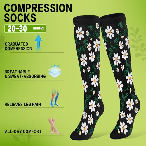 6 Pairs 20-30 mmHg Knee High Compression Socks, Unisex, Running, Travel - color: A-wflower, size: Large-X-Large