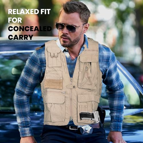 Humvee Utility Vest with 21 Pockets -Travel, Safari, Hunting, Camping, 100% Cotton, Tactical Jacket for Men & Women - color: Khaki, size: X-Large