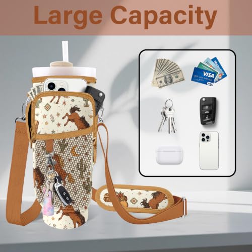 Water Bottle Carrier Bag for Stanley Cup 40/30oz, Neoprene Water Bottle Holder Pouch with 3 Pocket Adjustable Shoulder & Hand Strap - color: Cowboy Rodeo