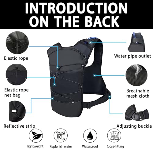Running Vest 2L Water Bladderfor Men & Women, Lightweight Breathable Reflective Design, Adjustable Shoulder Straps with Phone Pocket, Ideal for Cycling & Mountain Sports (Black, F)