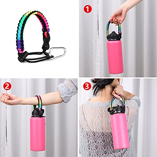 Wongeto Paracord Handle Carrier Holder with Shoulder Strap,Compatible with Hydro Flask Wide Mouth Water Bottles - color: Rainbow