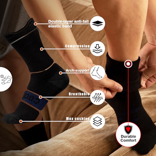 BRISIRA Coolmax Bamboo Viscose Compression Running Socks Crew Mid Calf - color: 2 Pairs Black Full Cushion, size: 9-13