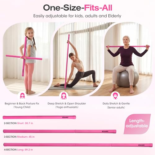 Yoga Stick, Mobility Stick for Stretching, Adjustable Exercise Stick - color: Pink