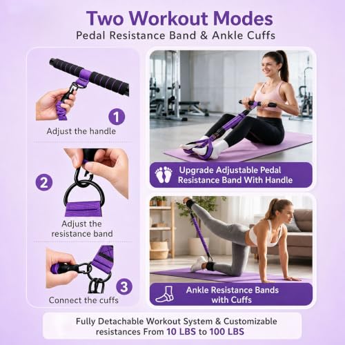 Pink Pedal Resistance Band with Handle, 4 Tubes & Ankle Cuffs - color: Purple