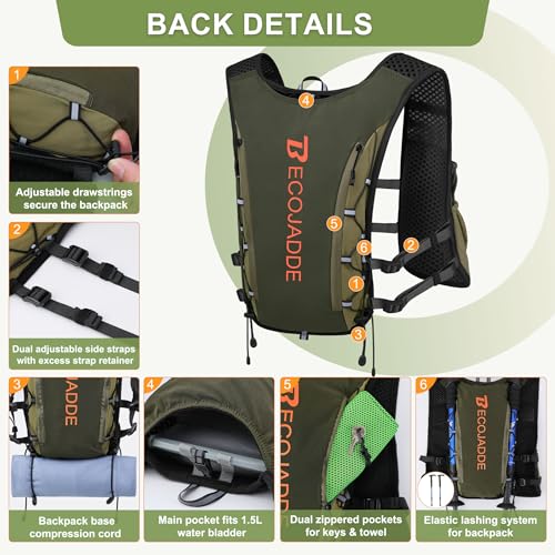 BECOJADDE Running Vest for Women Men, 5L/6L Lightweight Hydration Backpack Running Pack for Marathon, Trail, Cycling, Hiking, Jogging - color: Olive Green