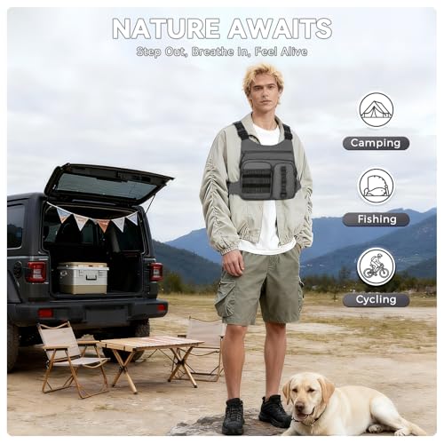 Criuage Outdoor Chest Bag for Men, Lightweight Adjustable Running Vest, Water Resistant EDC Chest Pack with Water Bottle Pocket, Breathable Back Pad for Hiking Cycling Fishing Travel - color: Grey