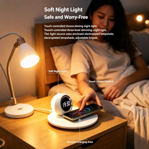IHAO 3in1 Wireless Charging Station with Dual Alarm Clock & Night LightFast Wireless Charger for Phone iWatch Earbuds Touch Control Dimmable Bedside Lamp Elegant Design for Bedroom Desk K22T White - color: Wireless Charger Alarm Clock K22t White