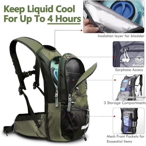 Mothybot Insulated Hydration Backpack Pack with 3L BPA Free Leak Proof Water Bladder, Large Storage Lightweight Hiking Daypack with Waist Pouches & Cooler Layer, for Running, Biking, Camping, Festival - color: Olive