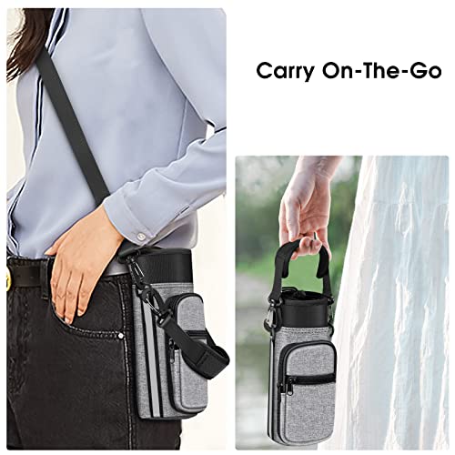 CaseBot Water Bottle Carrier Bag Sling Case, Sports Water Bottle Pouch Holder Sleeve with Adjustable Shoulder Hand Strap and 2 Pockets for Men Women Hiking Camping Travelling - color: Gray