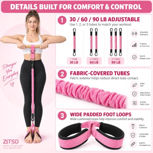 Pedal Resistance Band with Wood Handle, 3 x 30 lb Tubes - color: Pink