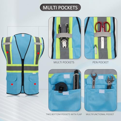 High Visibility Reflective Safety Vest with Zipper and Pockets Sky Blue,M - color: Sky Blue, size: Medium