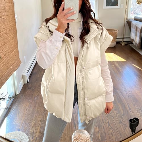 Songling Womens Oversized Puffer Vest Stand Collar Full Zip Sleeveless Bubble Puffer Vest Quilted Padded Warm Coat Outwear - color: Beige, size: Small