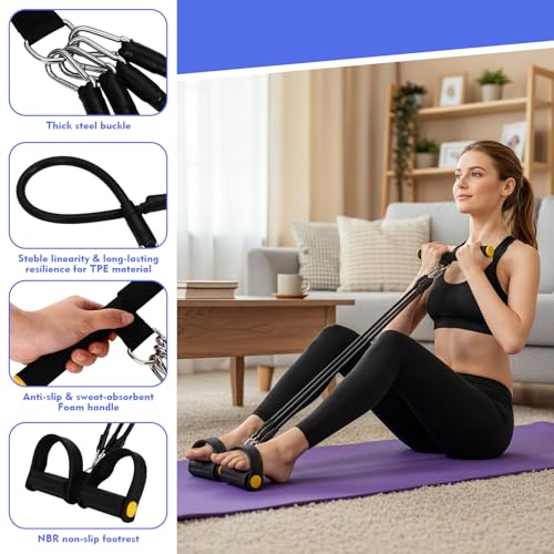 Arrowbash Upgrade 6 Tubes Foot Pedal Resistance Band Adjustable Pedal Puller Resistance Band with Handle Multifunction Fitness Bands for Men Women Abdomen Arm Leg Stretching - color: Black, size: 150 Lbs