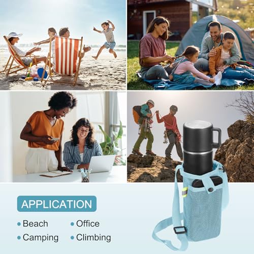 Uxcell Water Bottle Holder With Adjustable Shoulder Strap, Carrier Bag, Mesh Crossbody Carrier With Pocket for Sports, Hiking, Walking, Travel - color: Light Blue