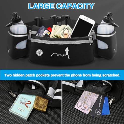Hydration Running Belt with Water Bottles(2 x 300ML), Luckit Nylon Webbing Running Waist Bag Reflective Bum Bag Adjustable Sports Waist Pouch for Marathon Running Hiking Camping Jogging (Black) - color: Black