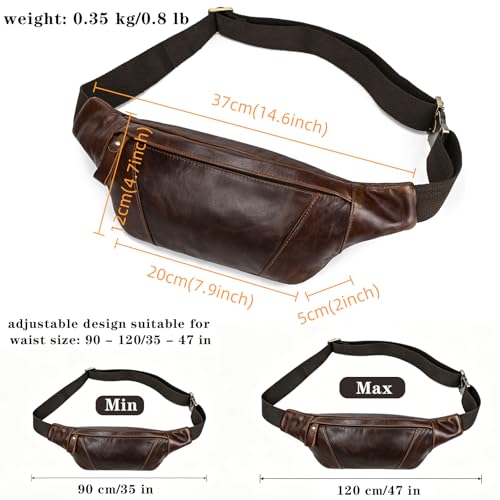 Genuine Leather Fanny Pack for Women & Men, Crossbody Waist Pack with Adjustable Strap, Hiking Hip Bum Belt for Travel, Hiking, Running - color: Coffee