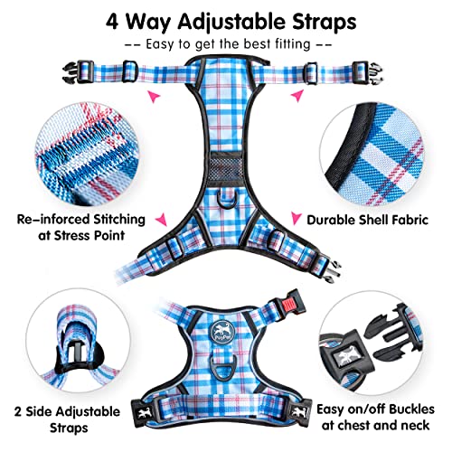 PoyPet Plaid Dog Harness Small, No Pull Vest with Front Clip & Neck Buckle - color: Checkered Blue & Red, size: S